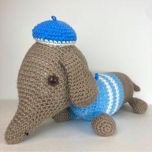 Homemade Crochet French Dachshund Dog w/ Beret Plush Large Stuffed Animal 18”